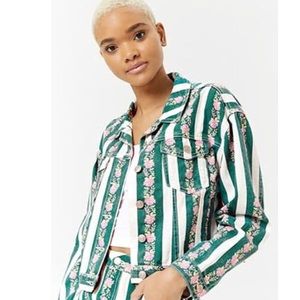 Teal and white floral denim jacket